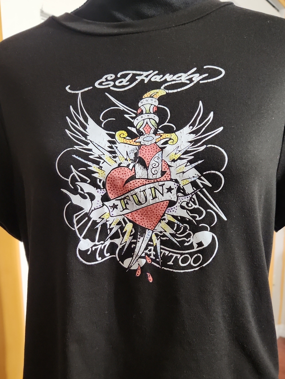 Ed Hardy Black Crop Top with Red Heart and Dagger 'Fun'